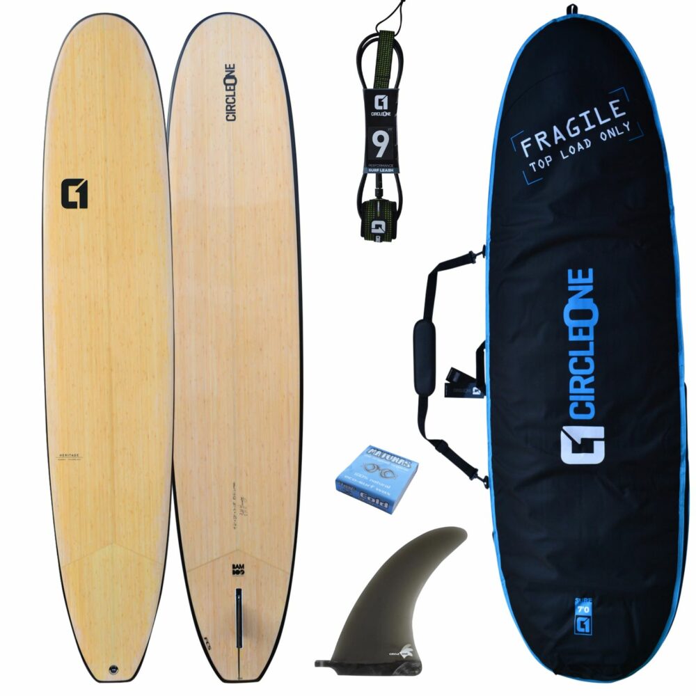 9' 6" Bamboo Noserider Longboard Package – Includes Bag, Leash, Fins & Wax